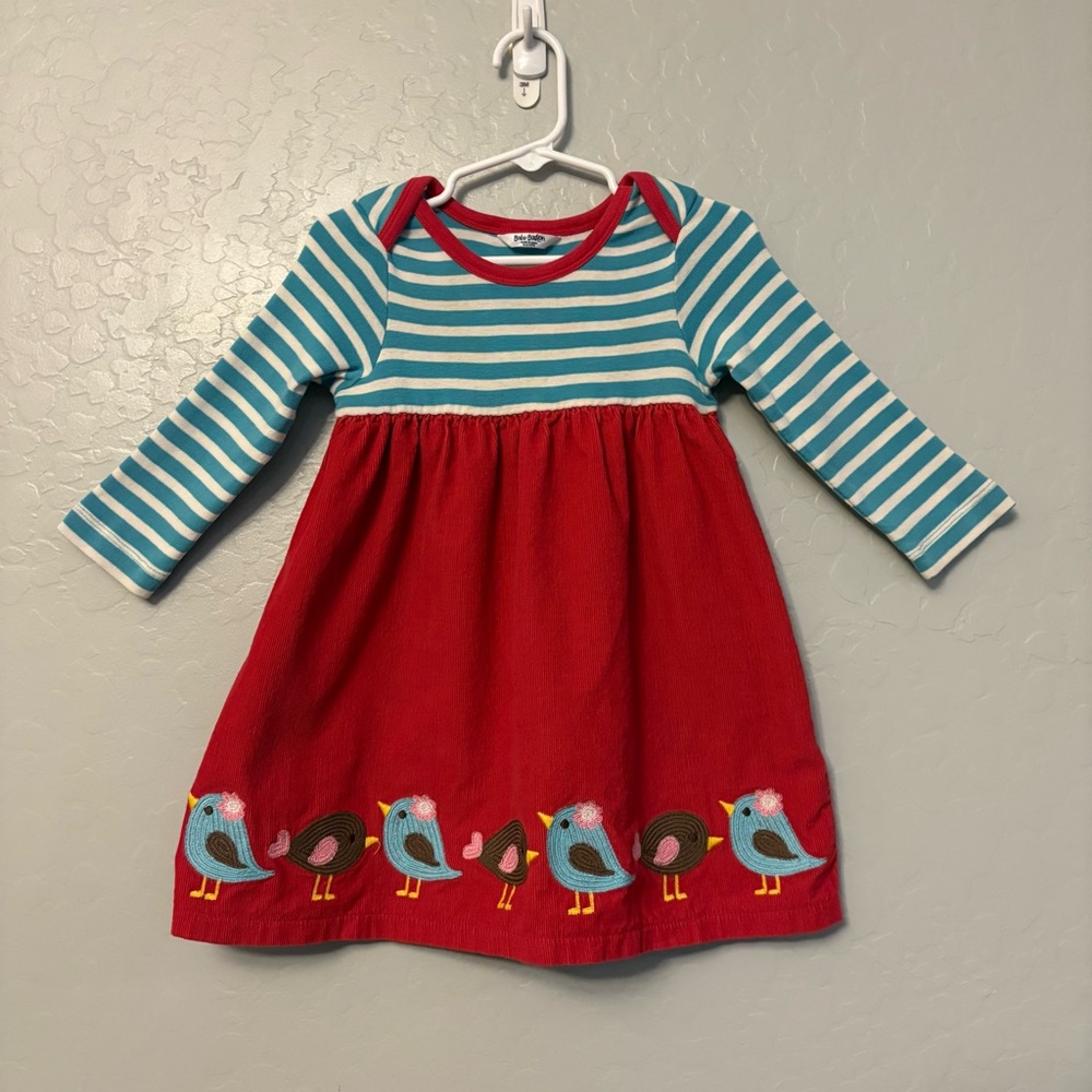 Baby Boden jersey and red corduroy blue robin long sleeve dress 18-24 months